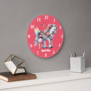 Cute girls fantasy unicorn fairy add name  large clock