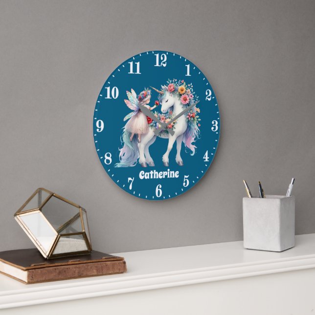 Cute girls fantasy unicorn fairy add name large clock (Office)