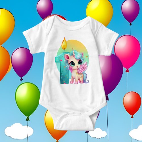 cute girls fantasy unicorn first Birthday Baby Bodysuit