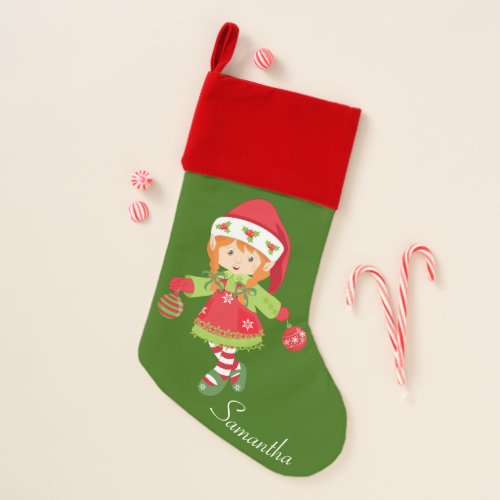 Cute Girls Festive Cute Elf Personalized Christmas Stocking