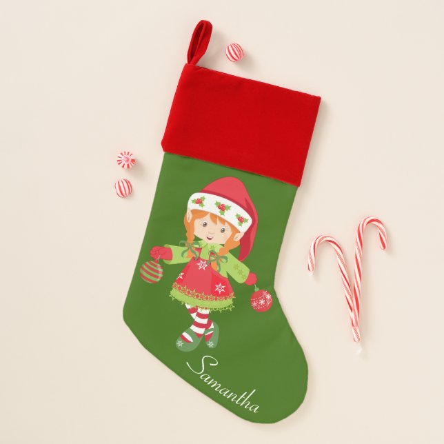 Cute Girls Festive Cute Elf Personalized Christmas Stocking (Front)