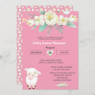 Cute Girls Floral Lamb Baby Shower Invitation