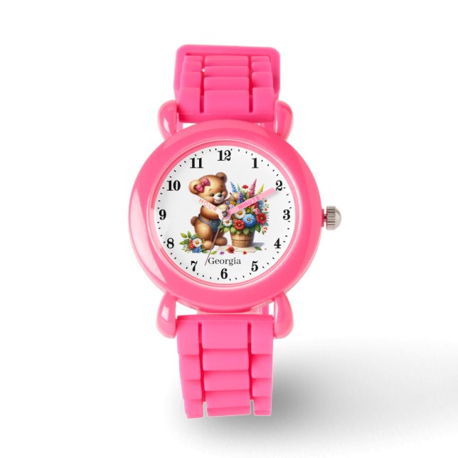 Cute girls flower bear add name watch (Front)