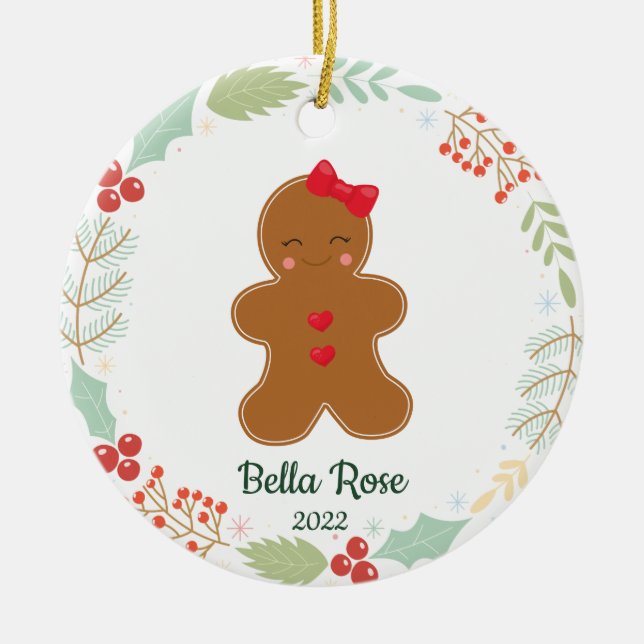 Cute Girls Gingerbread Girl Personalized Christmas Ceramic Ornament (Front)