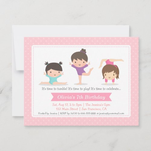 Cute Girls Gymnastics Birthday Party Invitations