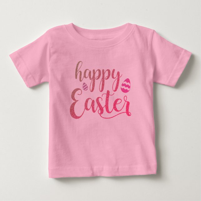 Cute Girls Happy Easter Pink Glitter Baby T-Shirt (Front)