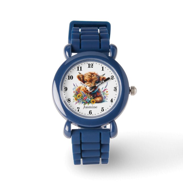 Cute girls highland cow add name watch (Front)