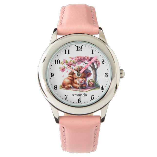 Cute girls highland cow add name watch (Front)