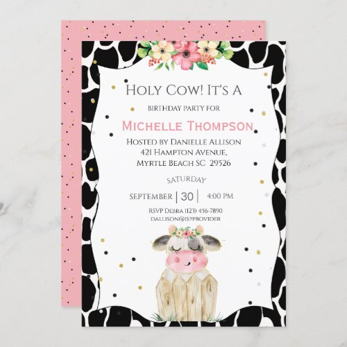 Cute Girls Holy Cow Pink Floral Birthday Party   Invitation