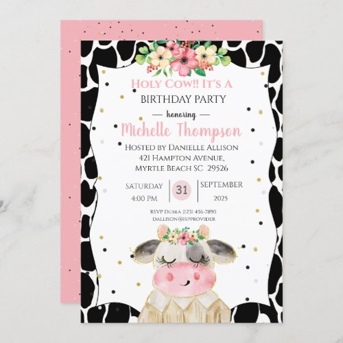 Cute Girls Holy Cow Pink Floral Birthday Party   Invitation