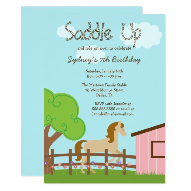 Cute Girls Horse Birthday Party Invitation