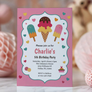Cute Girls Ice Cream 5th Birthday Party Invitation