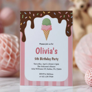 Cute Girls Ice Cream Birthday Party Invitation