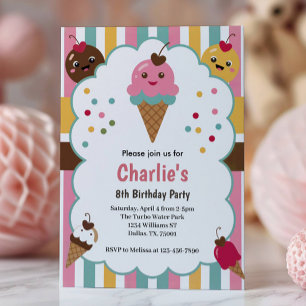 Cute Girls Ice Cream Birthday Party Invitation