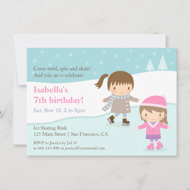 Cute Girls Ice Skating Birthday Party Invitations (Front)