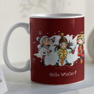 Cute Girls in Winter with Christmas Snowman  Coffee Mug