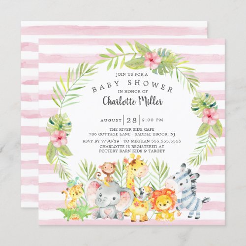 Cute Girls Jungle Animals Baby Shower Invitation