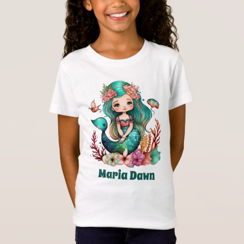 cute girls kids mermaid add name T_Shirt