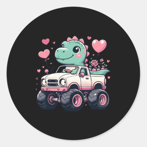 Cute Girls Kids Valentines Day Dinosaur Riding Mon Classic Round Sticker