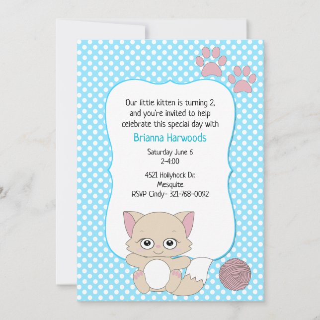 Cute Girls Kitten Theme Birthday Party Invitation (Front)
