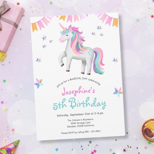Cute Girls Magical Unicorn 5th Birthday Invitation