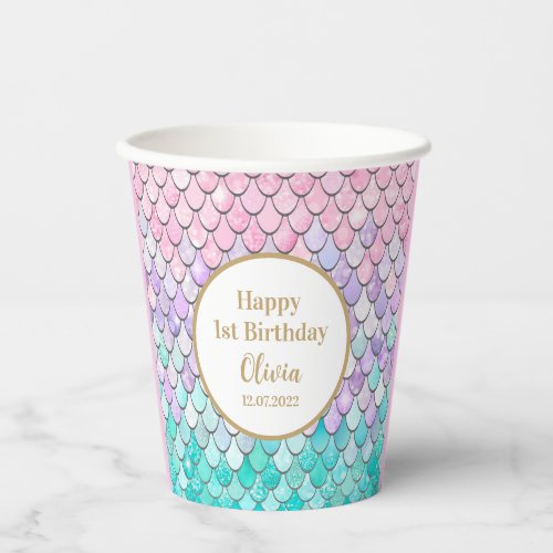 Cute Girls Mermaid 1st Birthday Party Paper Cups