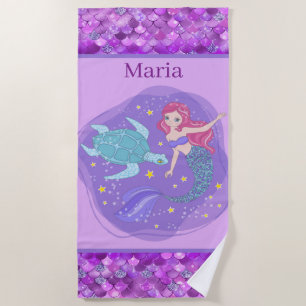 cute girls mermaid add name beach towel