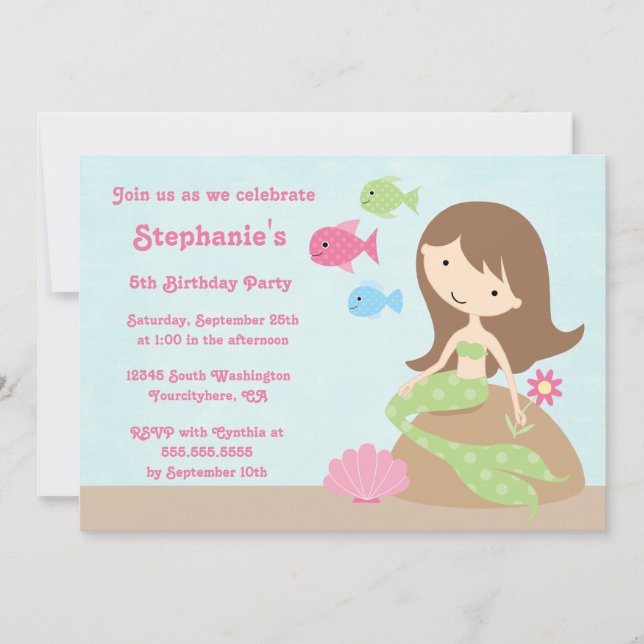 Cute girl's mermaid birthday party invitation (Front)