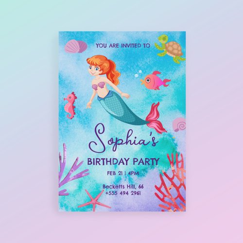 Cute Girls Mermaid Birthday Party Invitation