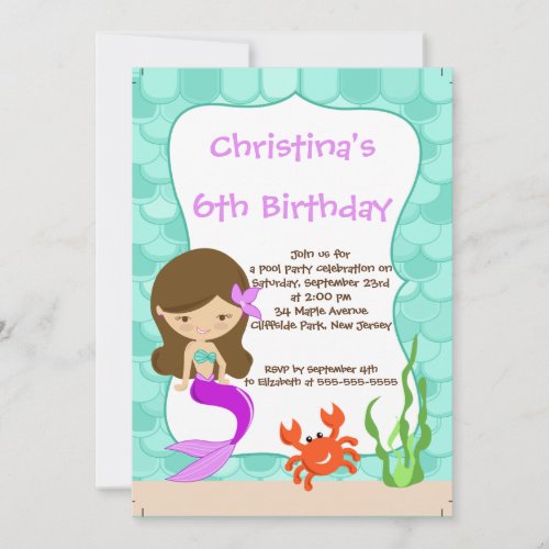 Cute Girls Mermaid Birthday Party Invitations