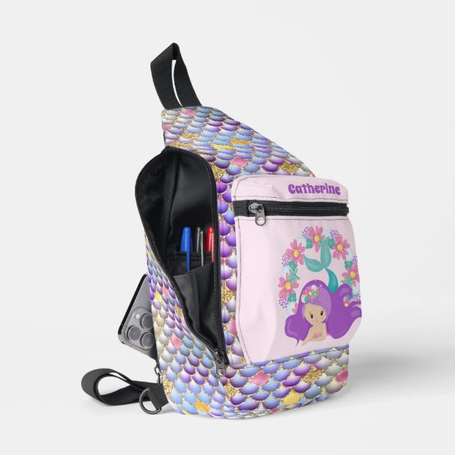 Cute girls mermaid fantasy add name  sling bag (Open)