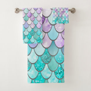 CUTE GIRLS MERMAID SCALES PATTERN, PINK AND TEAL BATH TOWEL SET