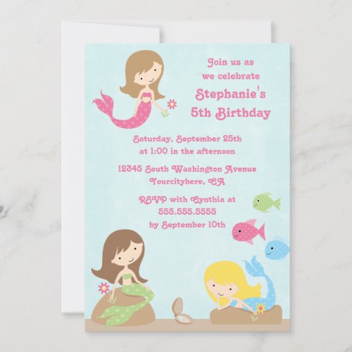 Cute girls mermaids birthday party invitation