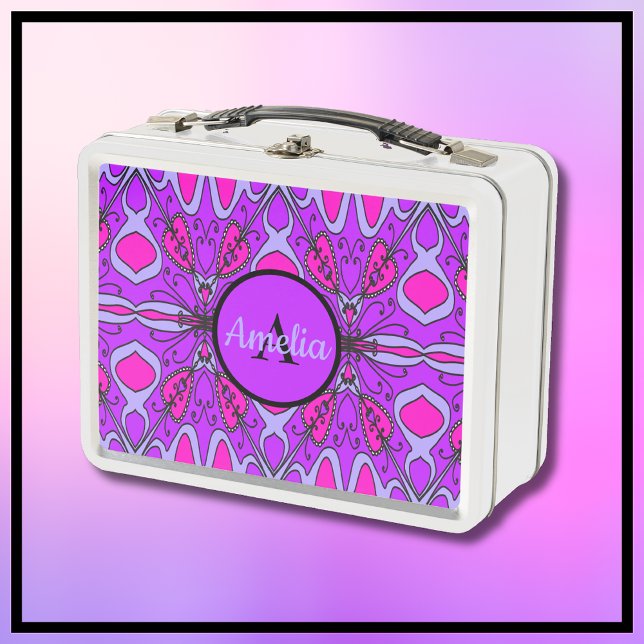 Cute Girls Metal Lunchbox (Pretty Purple and Hot Pink Lunchbox. Features original hand-drawn artwork with a whimsical vibe. )
