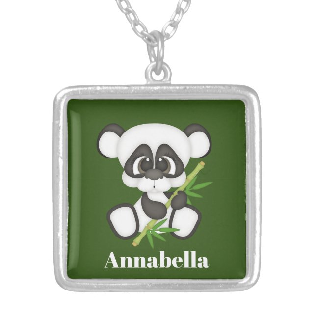 Cute girls panda bear add name silver plated necklace (Front)