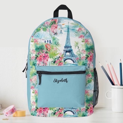 Cute Girls Paris Eiffel Tower Floral School Printed Backpack