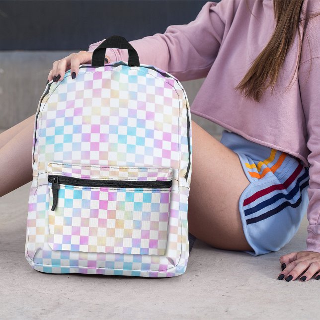 Cute Girls Pastel Rainbow Checkered Plaid Printed Backpack (Creator Uploaded)