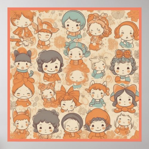 Cute Girls pattern with Different emotions  Poster