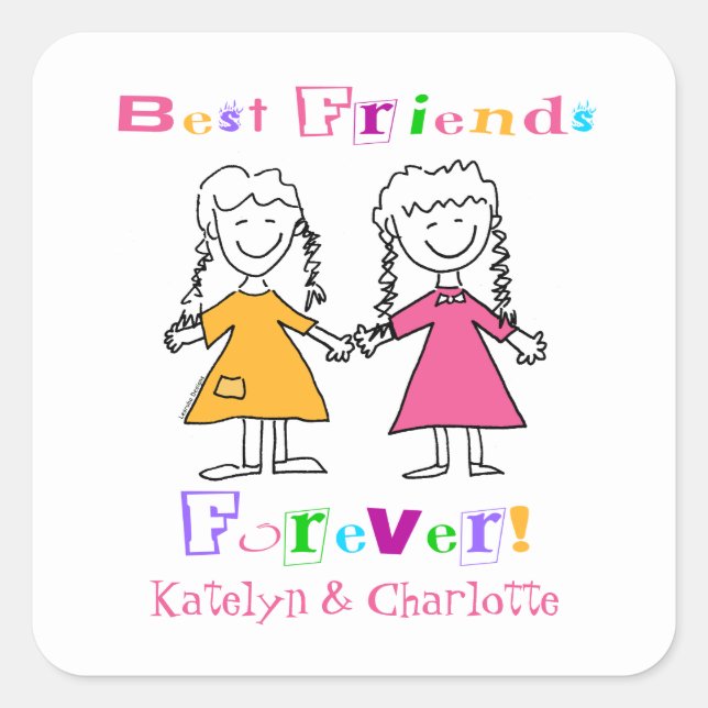 Cute Girls Personalized Best Friends Forever Square Sticker (Front)