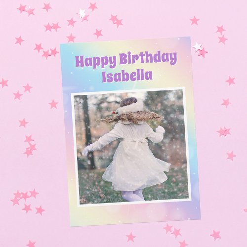 Cute Girls Photo Rainbow Pastel Custom Birthday Card