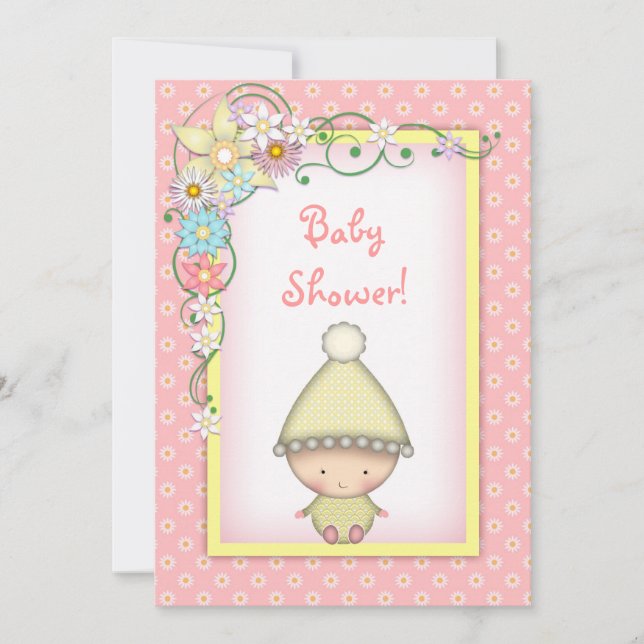Cute Girls Pink and Yellow Spring Baby Shower Invitation (Front)