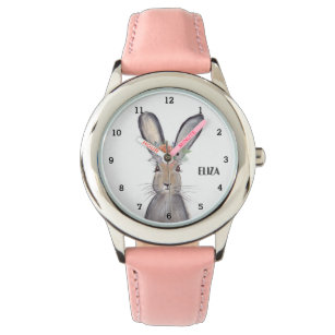 Cute Girls Pink Bunny Rabbit Animal Kids Floral Watch