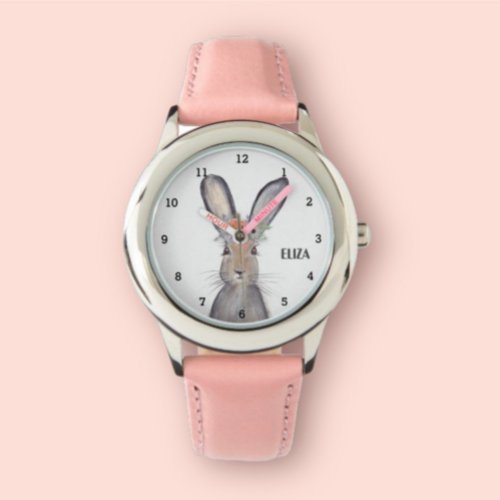 Cute Girls Pink Bunny Rabbit Animal Kids Floral Watch