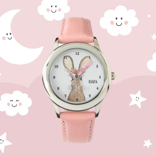 Cute Girls Pink Bunny Rabbit Animal Kids Floral Watch