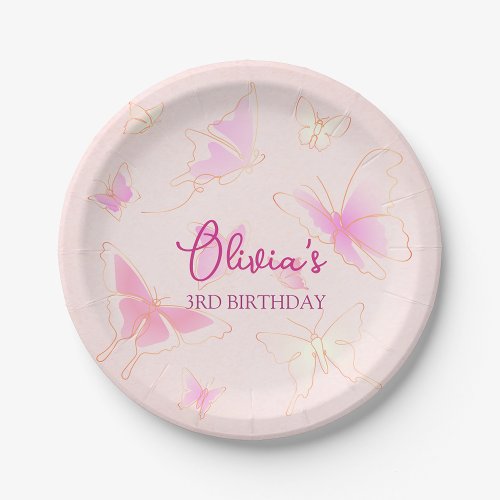 Cute Girls Pink Butterfly Birthday Paper Plate