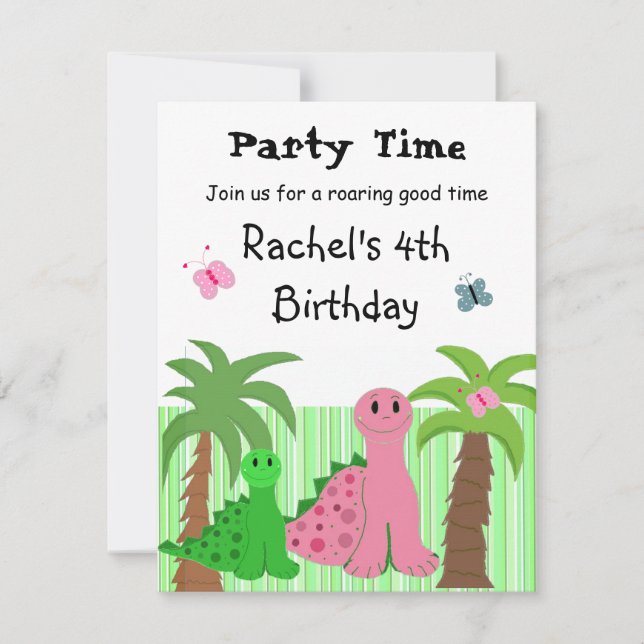 Cute Girls Pink Dinosaur Birthday Invitation (Front)