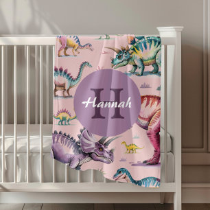 Cute Girls Pink Dinosaur Monogram  Baby Blanket