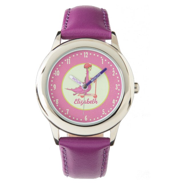Cute Girls Pink Dinosaur Scooter Helmet Add Name Watch (Front)