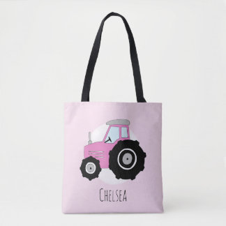 Cute Girl's Pink Farmer's Tractor with Name Tote Bag