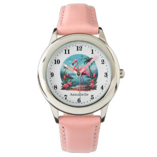 Cute girls pink flamingo add name Watch